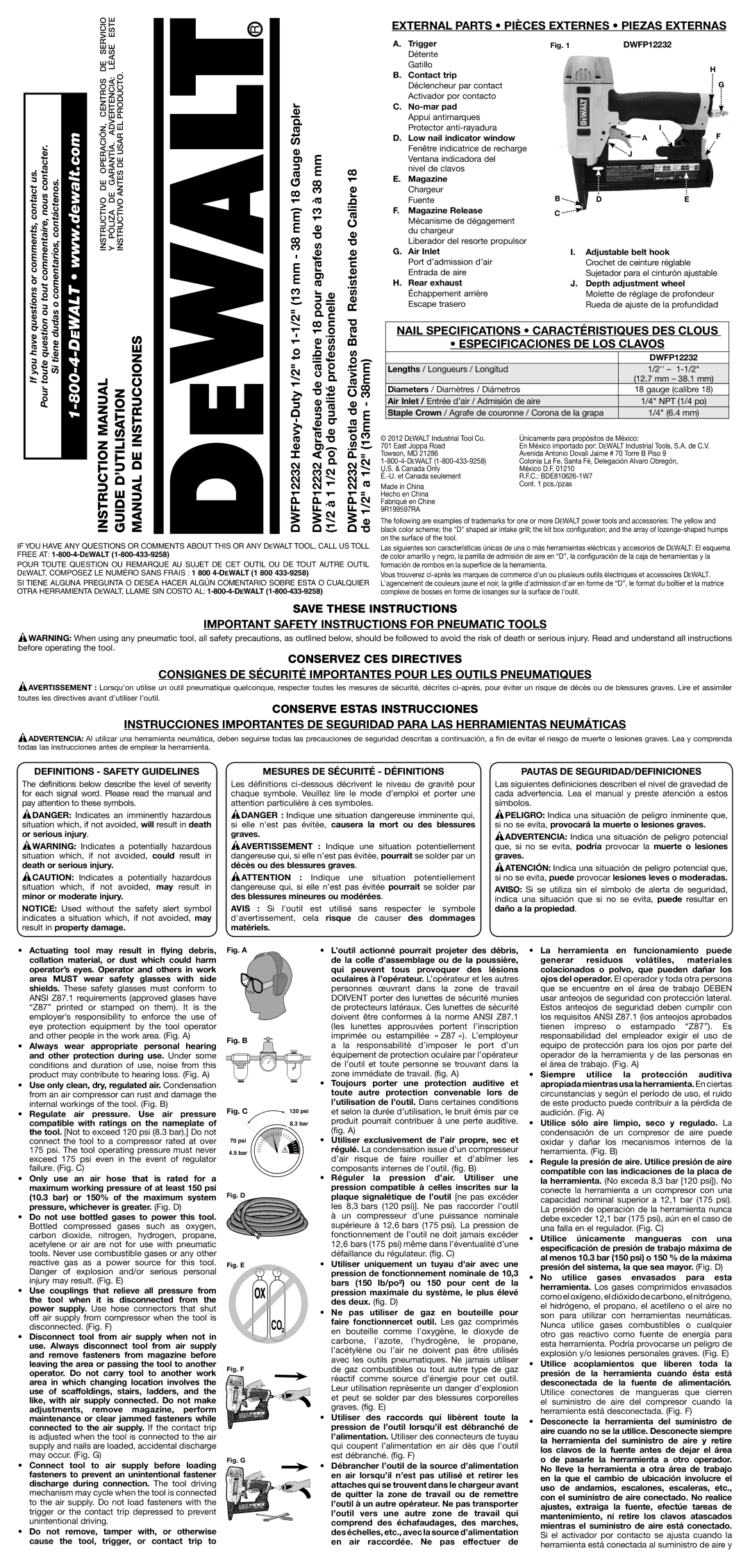 DeWalt DWFP12232 instruction manual Definitions Safety Guidelines, Mesures DE Sécurité Définitions 