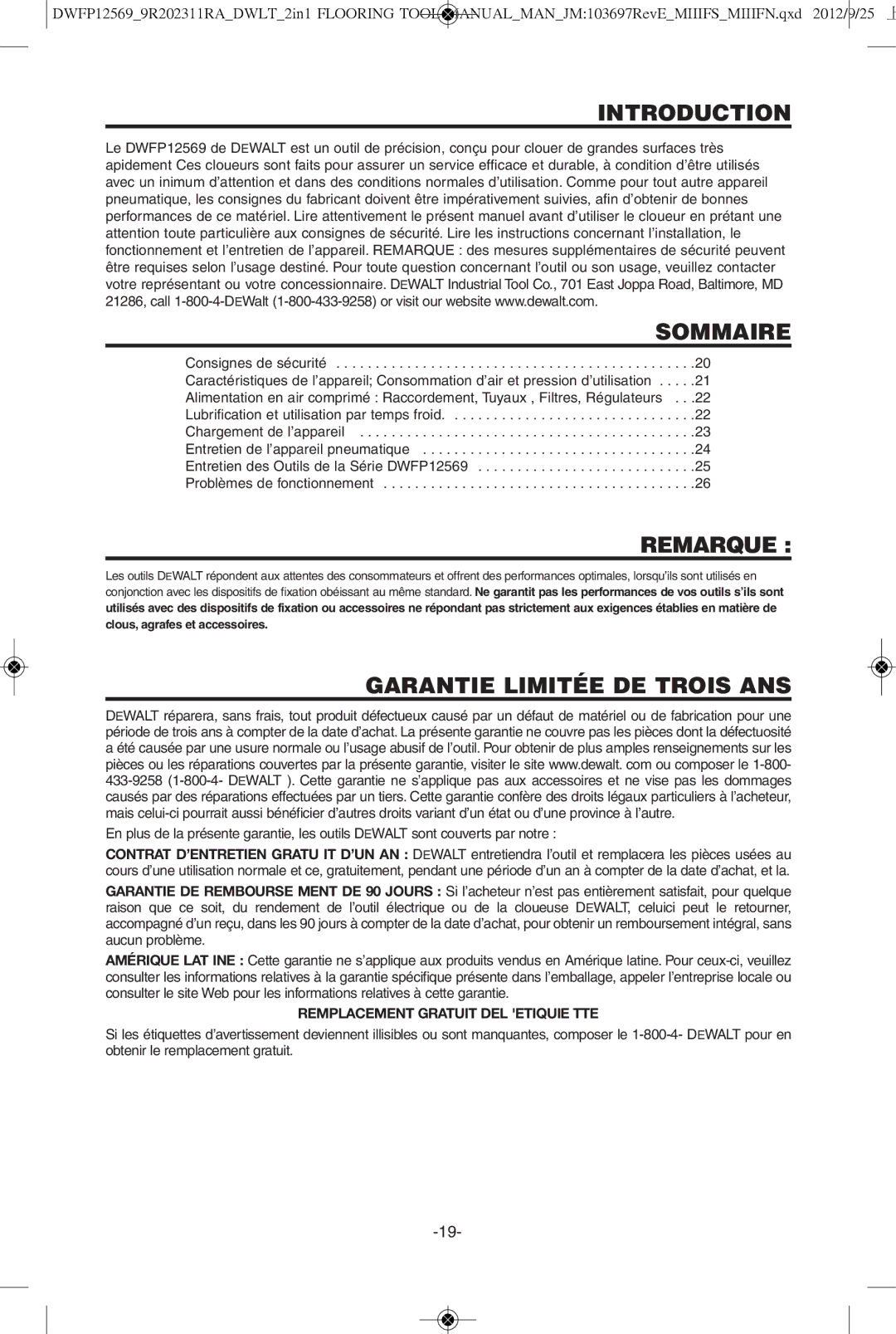 DeWalt DWFP12569 instruction manual Introduction Sommaire, Remarque, Garantie Limitée DE Trois ANS 