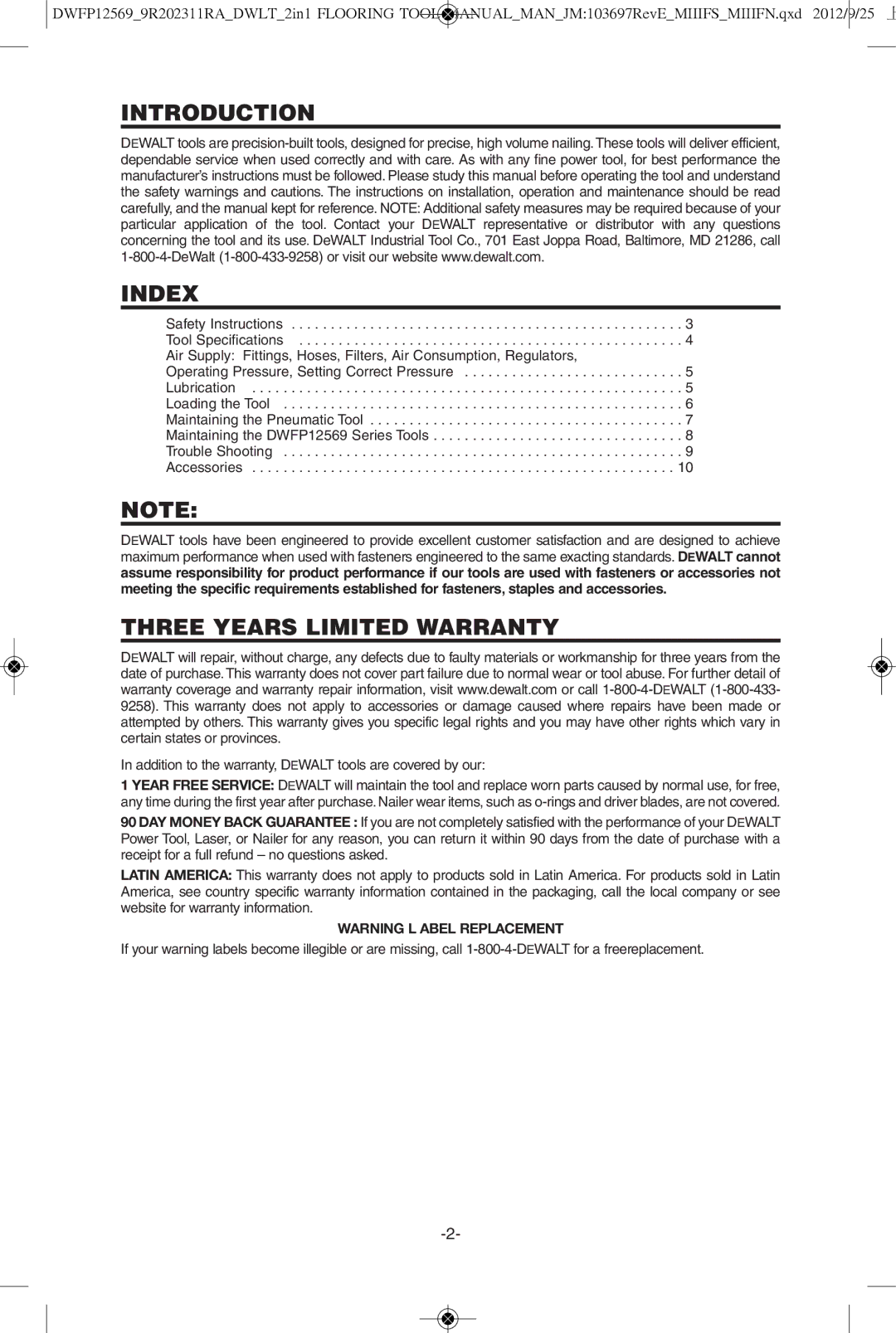 DeWalt DWFP12569 instruction manual Introduction Index, Three Years Limited Warranty 