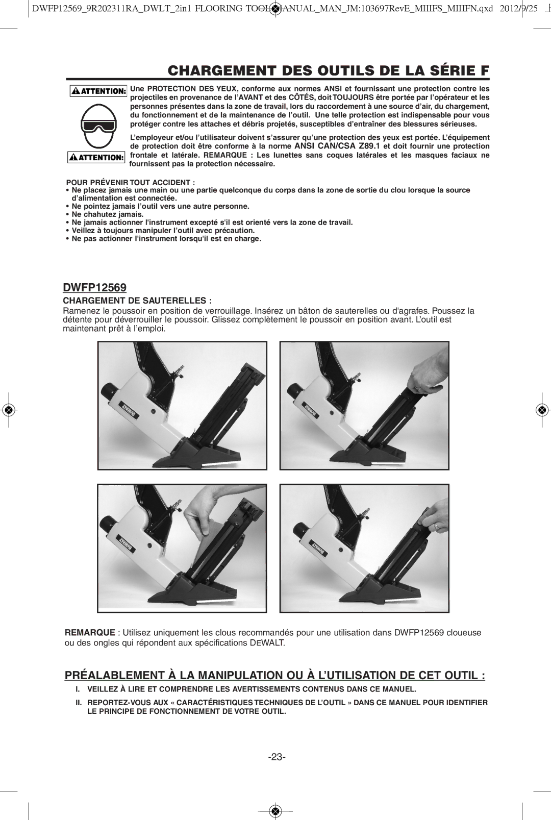 DeWalt DWFP12569 instruction manual Chargement DES Outils DE LA Série F, Chargement DE Sauterelles 