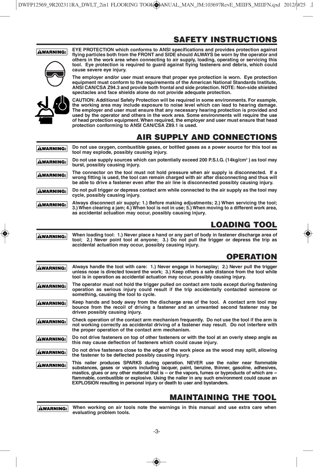 DeWalt DWFP12569 Safety Instructions, AIR Supply and Connections, Loading Tool, Operation, Maintaining the Tool 