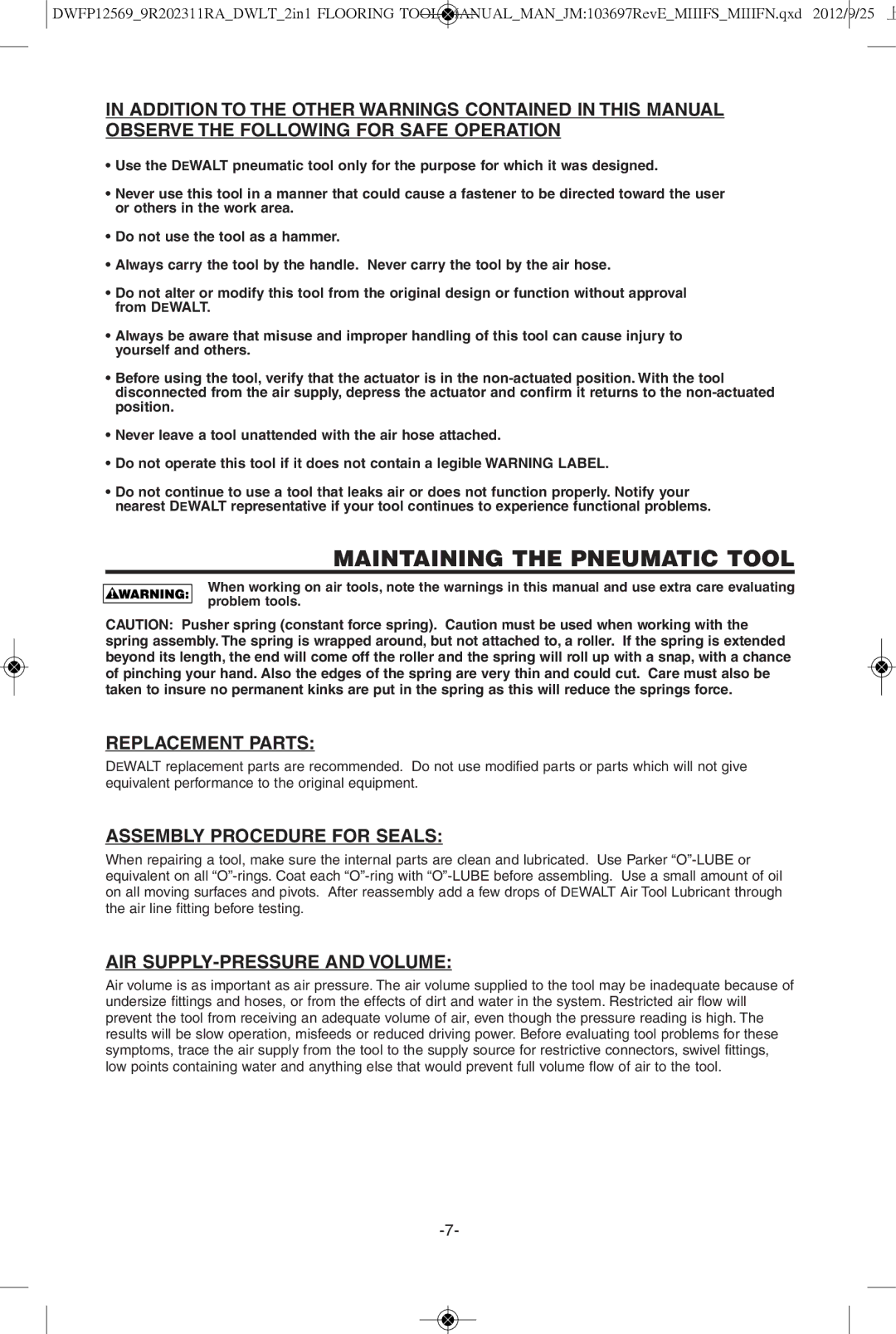 DeWalt DWFP12569 instruction manual Maintaining the Pneumatic Tool, Replacement Parts, Assembly Procedure for Seals 