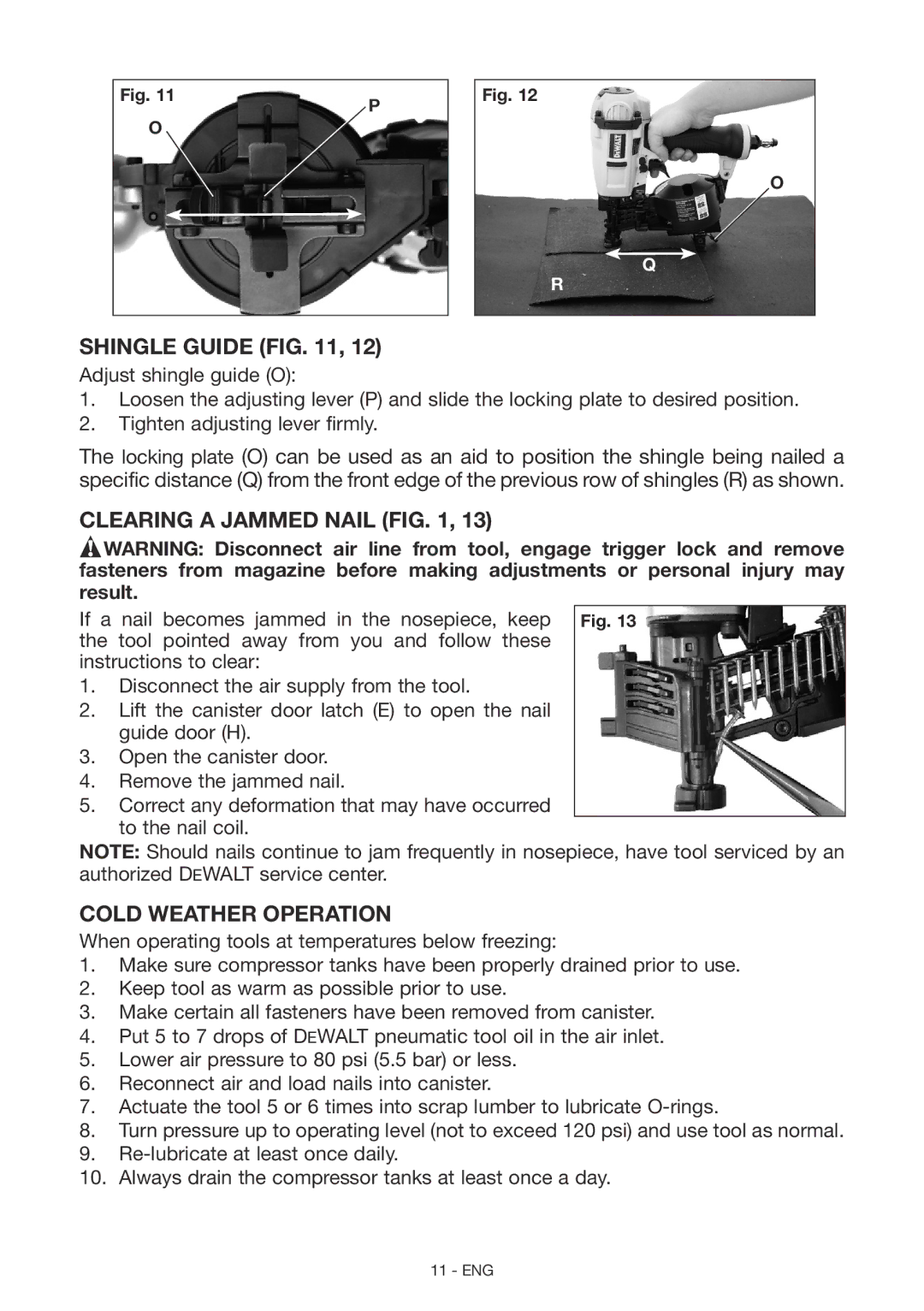 DeWalt DWFP12658 instruction manual Shingle Guide, Clearing a Jammed Nail, Cold Weather Operation 