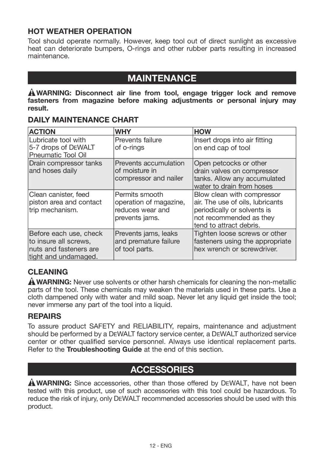 DeWalt DWFP12658 instruction manual Accessories, HOT Weather Operation, Daily Maintenance Chart, Cleaning Repairs 