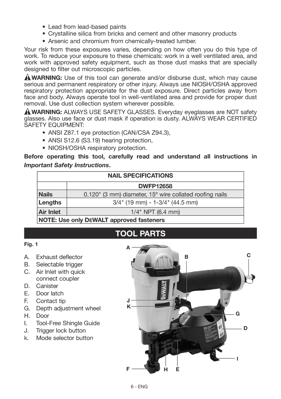 DeWalt DWFP12658 instruction manual Tool Parts, Nail Specifications 