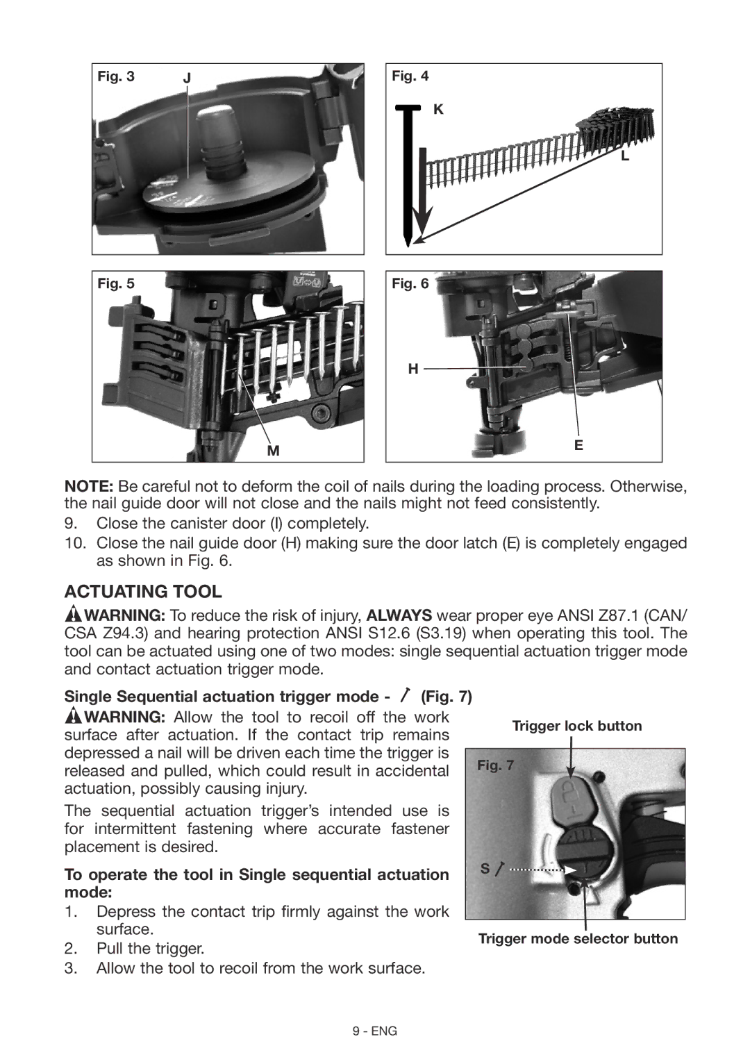 DeWalt DWFP12658 instruction manual Actuating Tool, Single Sequential actuation trigger mode 