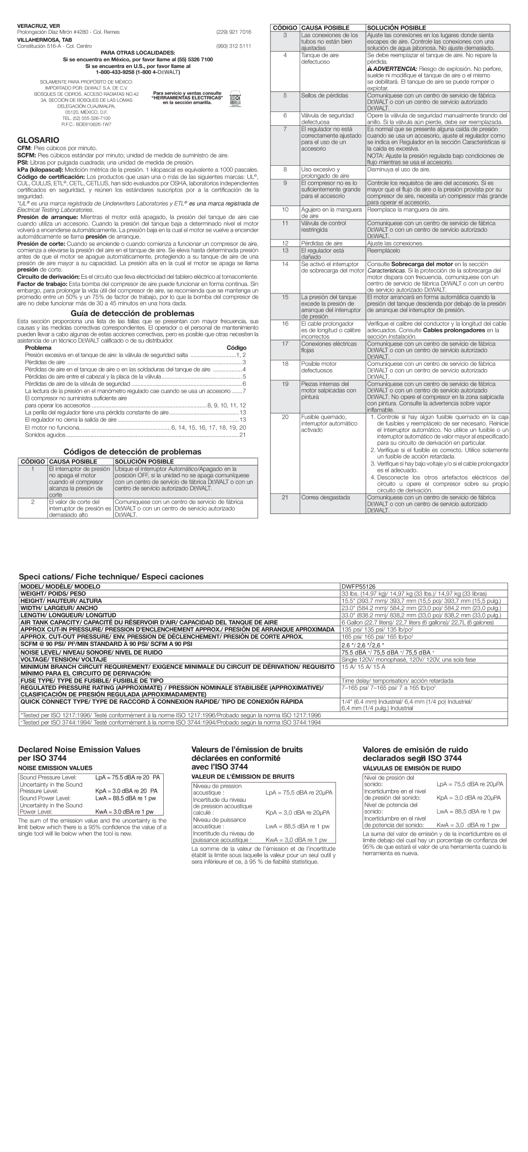 DeWalt DWFP55126 instruction manual Glosario, Guía de detección de problemas, Códigos de detección de problemas 