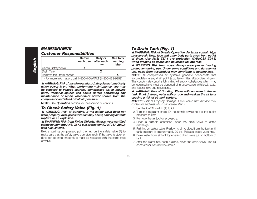 DeWalt DWFP55130 instruction manual Maintenance, To Drain Tank Fig, Customer Responsibilities, To Check Safety Valve Fig 