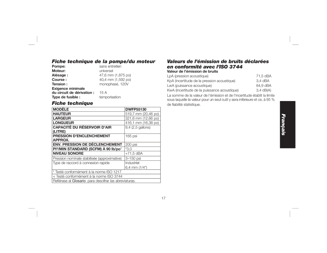 DeWalt DWFP55130 instruction manual Fiche technique de la pompe/du moteur 