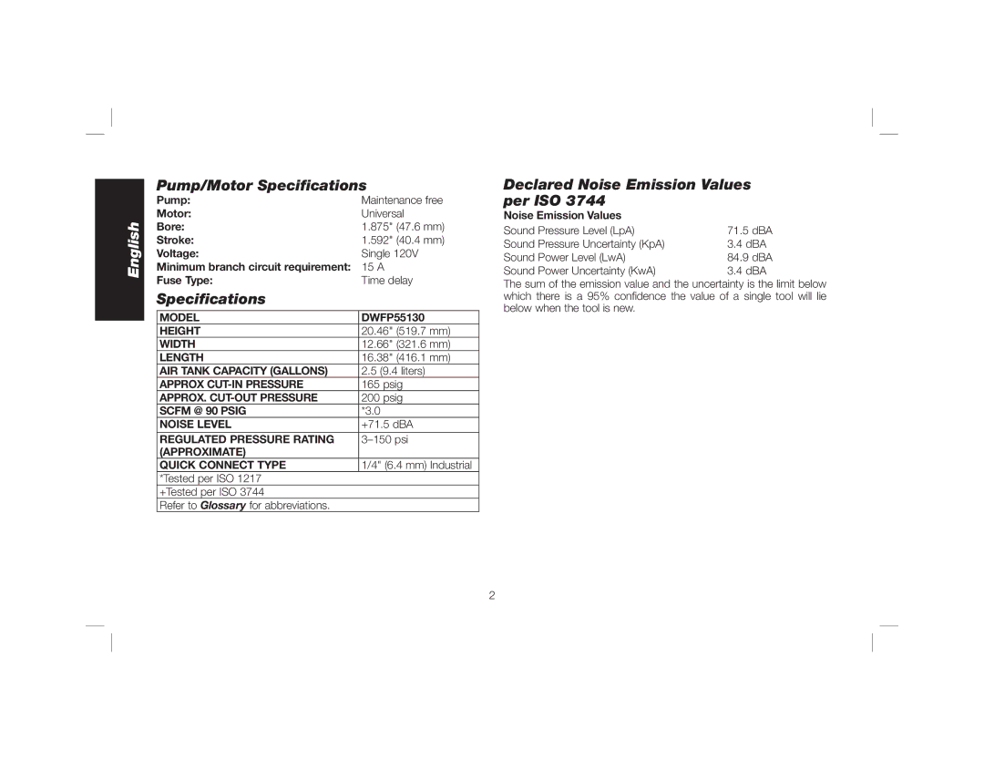 DeWalt DWFP55130 instruction manual Pump/Motor Speciﬁcations, Declared Noise Emission Values per ISO 