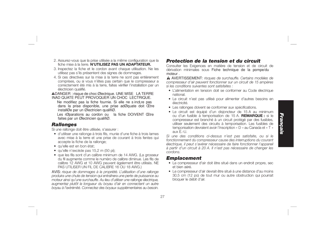 DeWalt DWFP55130 instruction manual Rallonges, Protection de la tension et du circuit, Emplacement 