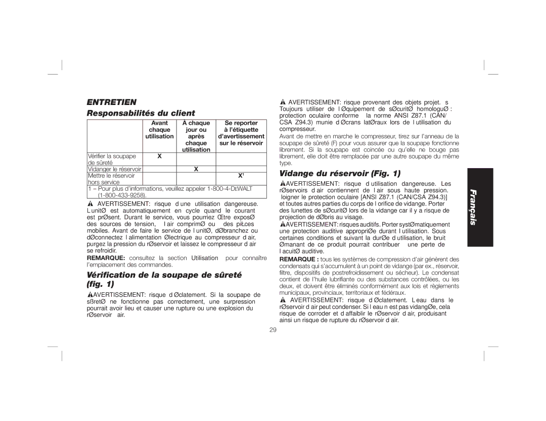 DeWalt DWFP55130 Entretien, Responsabilités du client, Vériﬁcation de la soupape de sûreté ﬁg, Vidange du réservoir Fig 