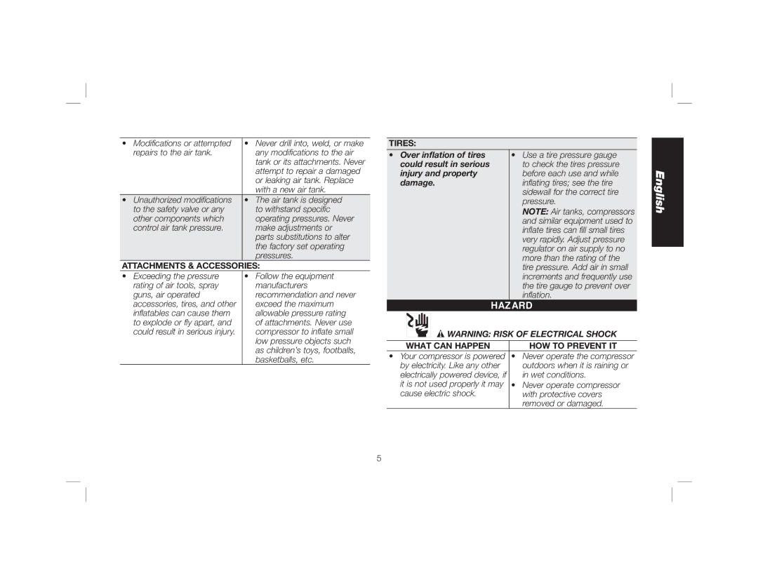 DeWalt DWFP55130 Attachments & Accessories Tires, Over inflation of tires, Could result in serious, Injury and property 