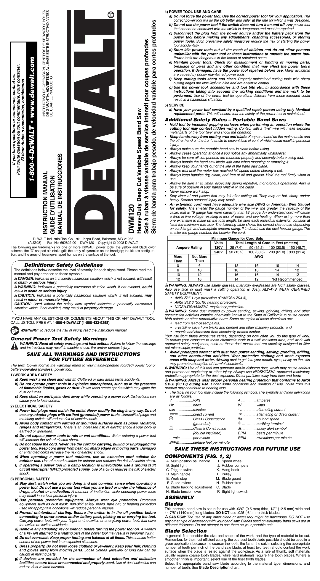 DeWalt DWM120K instruction manual Save ALL Warnings and Instructions For Future Reference, Assembly 