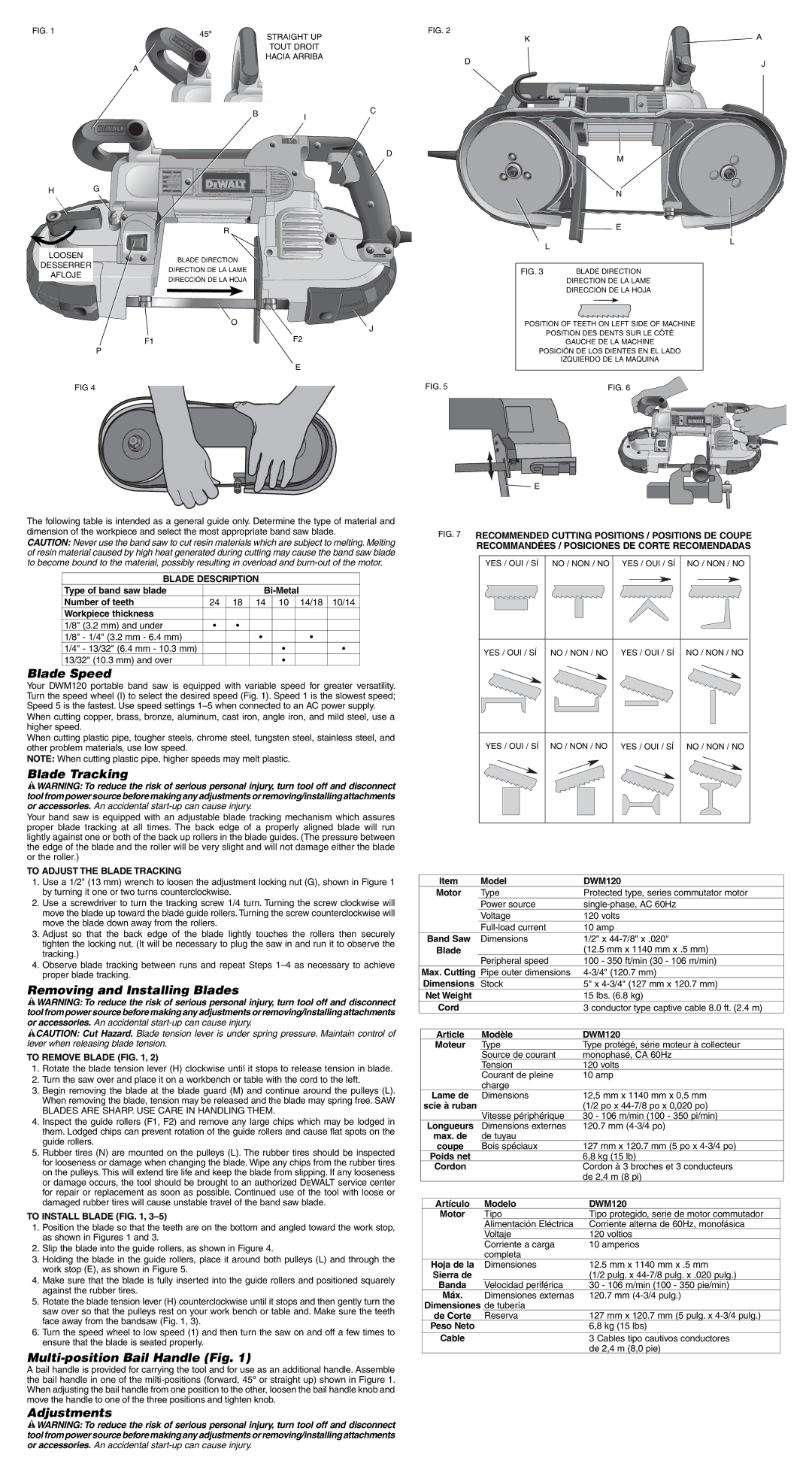 DeWalt DWM120 Blade Speed, Blade Tracking, Removing and Installing Blades, Multi-position Bail Handle Fig, Adjustments 