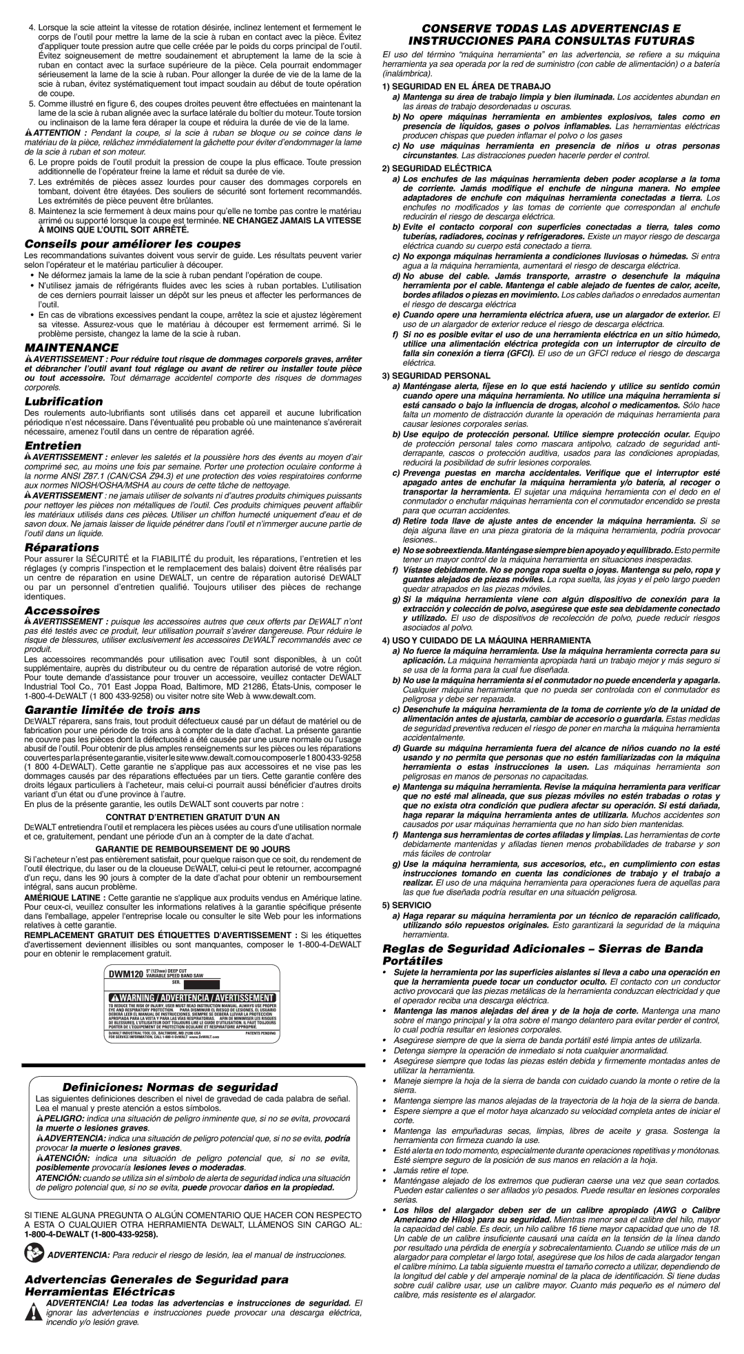 DeWalt DWM120K instruction manual Conseils pour améliorer les coupes, Lubrification, Entretien, Réparations, Accessoires 