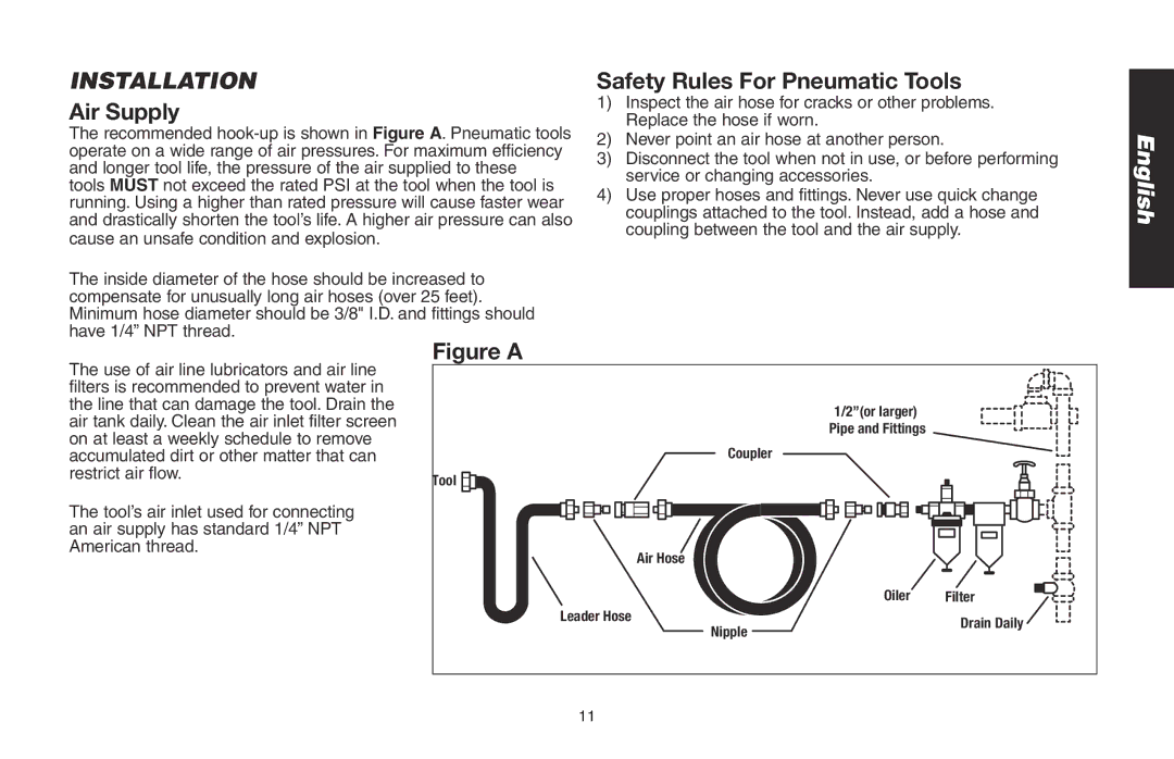 DeWalt DWMT70773L instruction manual Installation, Air Supply, Safety Rules For Pneumatic Tools 