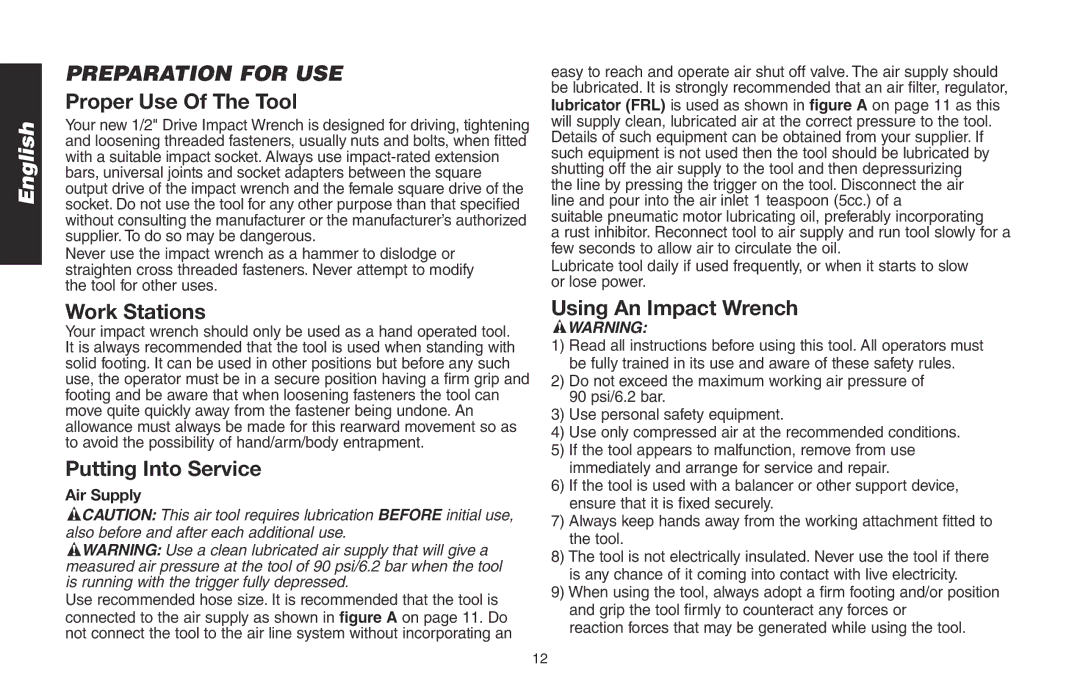 DeWalt DWMT70773L Preparation for USE, Proper Use Of The Tool, Work Stations, Putting Into Service, Using An Impact Wrench 