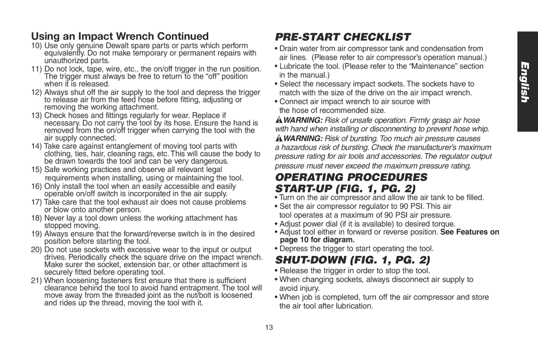 DeWalt DWMT70773L instruction manual PRE-START Checklist, Operating Procedures, Shut-Down , Pg 