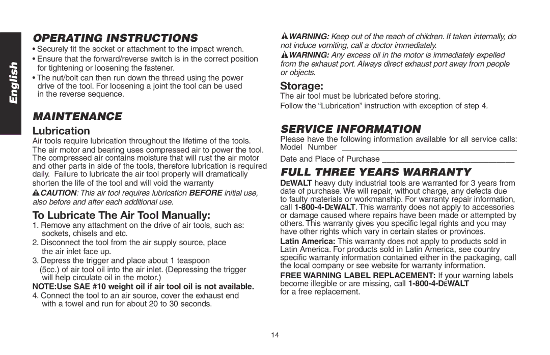 DeWalt DWMT70773L instruction manual Operating Instructions, Maintenance, Service Information, Full Three Years Warranty 