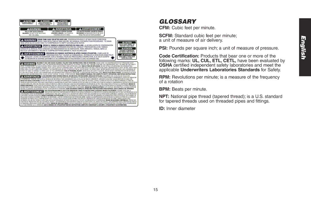 DeWalt DWMT70773L instruction manual Glossary, CFM Cubic feet per minute, ID Inner diameter 