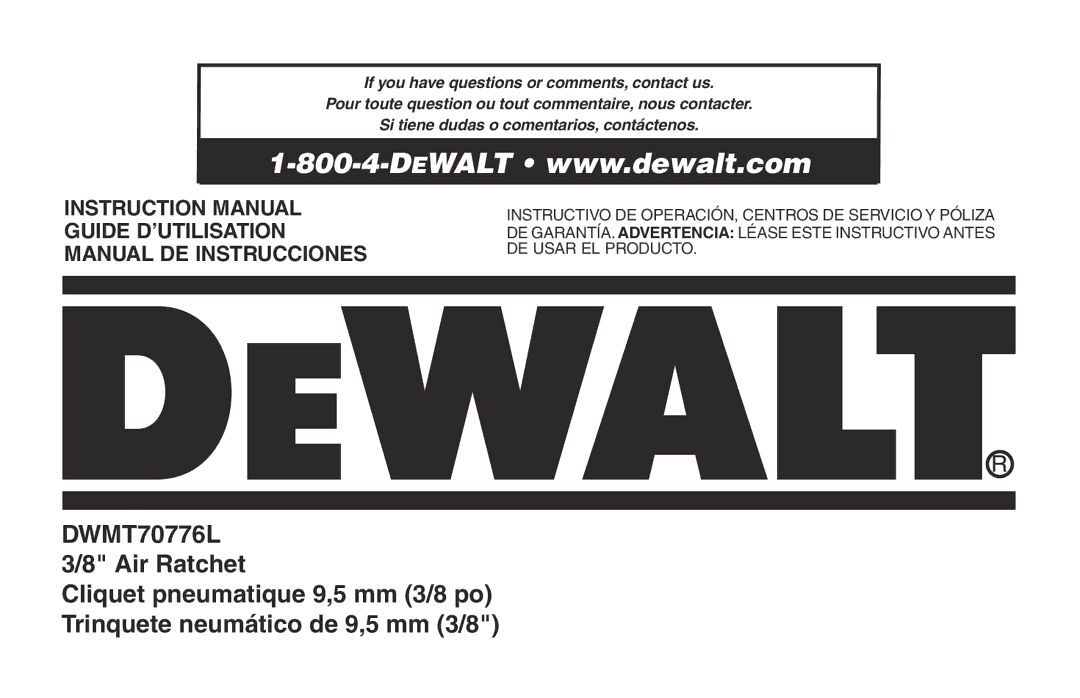 DeWalt instruction manual DWMT70776L Air Ratchet 