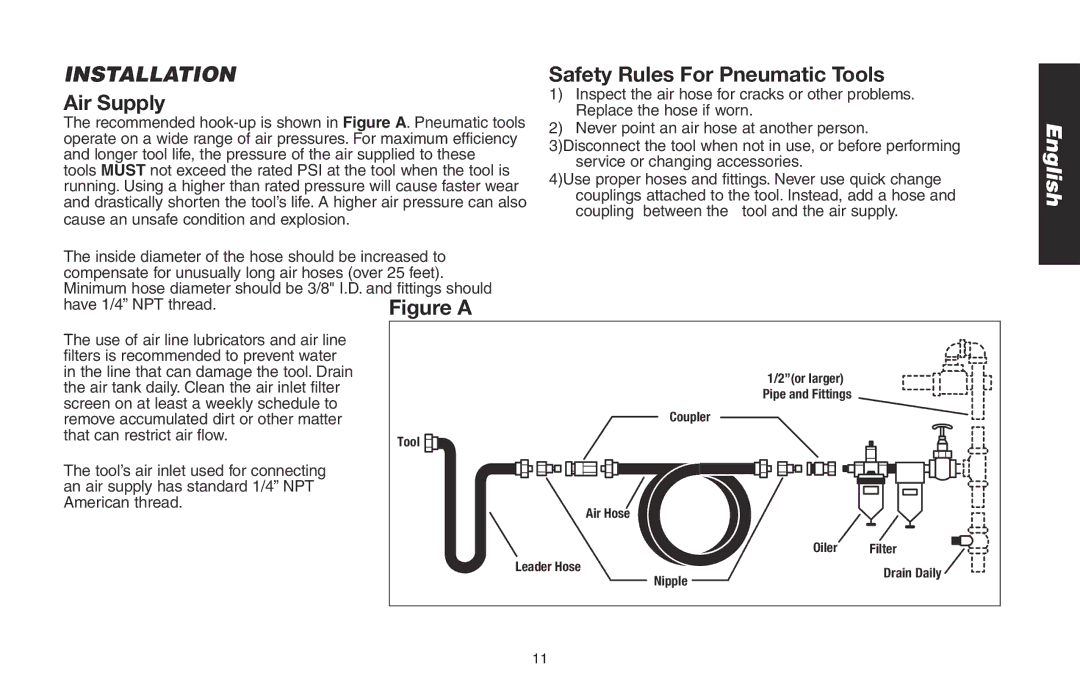 DeWalt DWMT70776L instruction manual Installation, Air Supply, Safety Rules For Pneumatic Tools, Have 1/4 NPT thread 