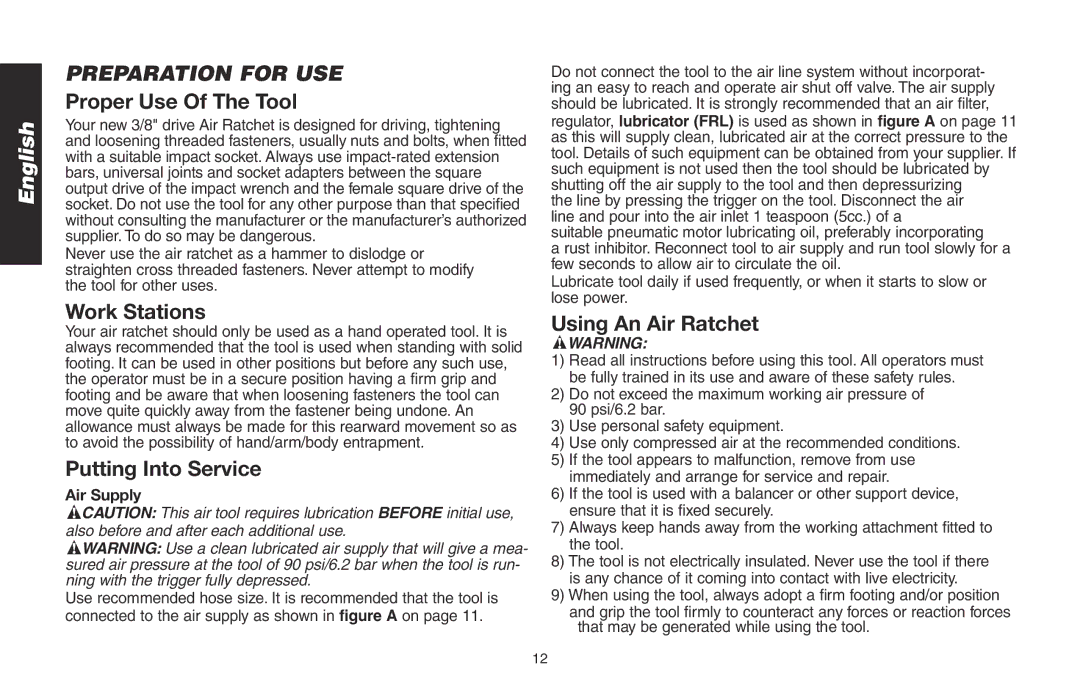 DeWalt DWMT70776L Preparation for USE, Proper Use Of The Tool, Work Stations, Putting Into Service, Using An Air Ratchet 