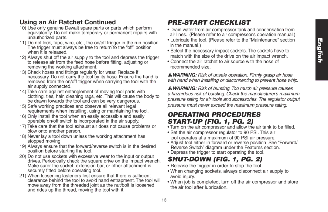 DeWalt DWMT70776L instruction manual PRE-START Checklist, Operating Procedures, Shut-Down , Pg 