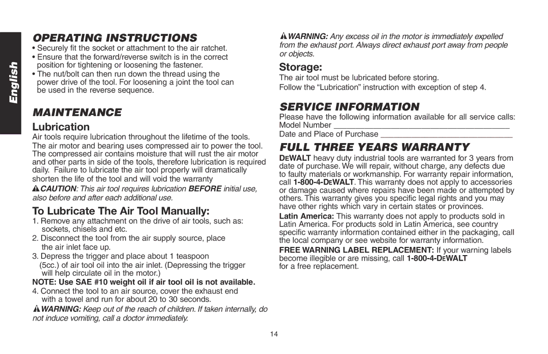 DeWalt DWMT70776L instruction manual Operating Instructions, Maintenance, Service Information, Full Three Years Warranty 