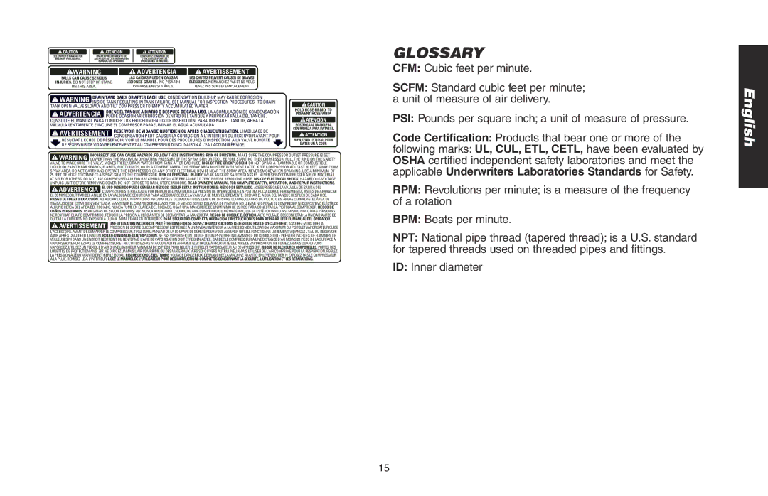 DeWalt DWMT70776L instruction manual Glossary, CFM Cubic feet per minute, ID Inner diameter 