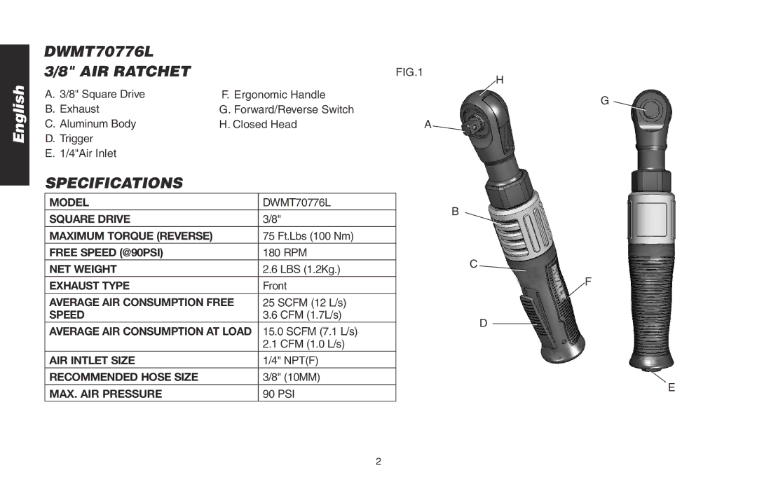 DeWalt DWMT70776L instruction manual AIR Ratchet, Specifications 