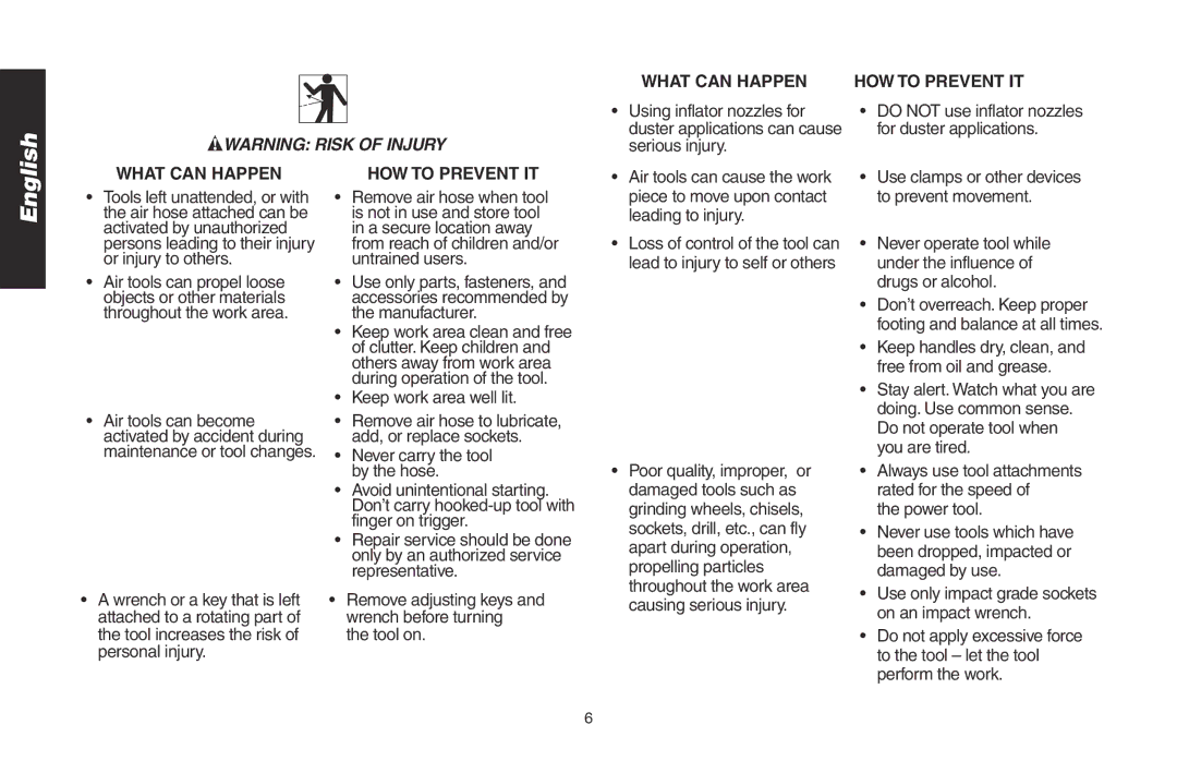 DeWalt DWMT70776L Using inflator nozzles for, Serious injury, For duster applications, Keep work area well lit, Tool on 