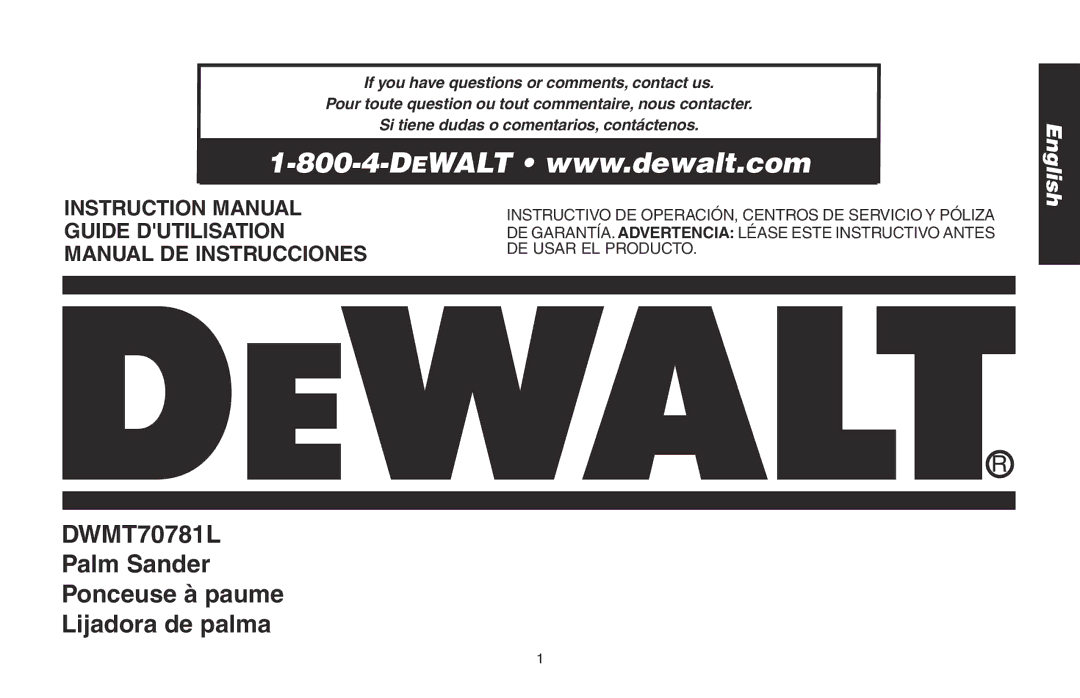 DeWalt instruction manual DWMT70781L Palm Sander Ponceuse à paume Lijadora de palma 