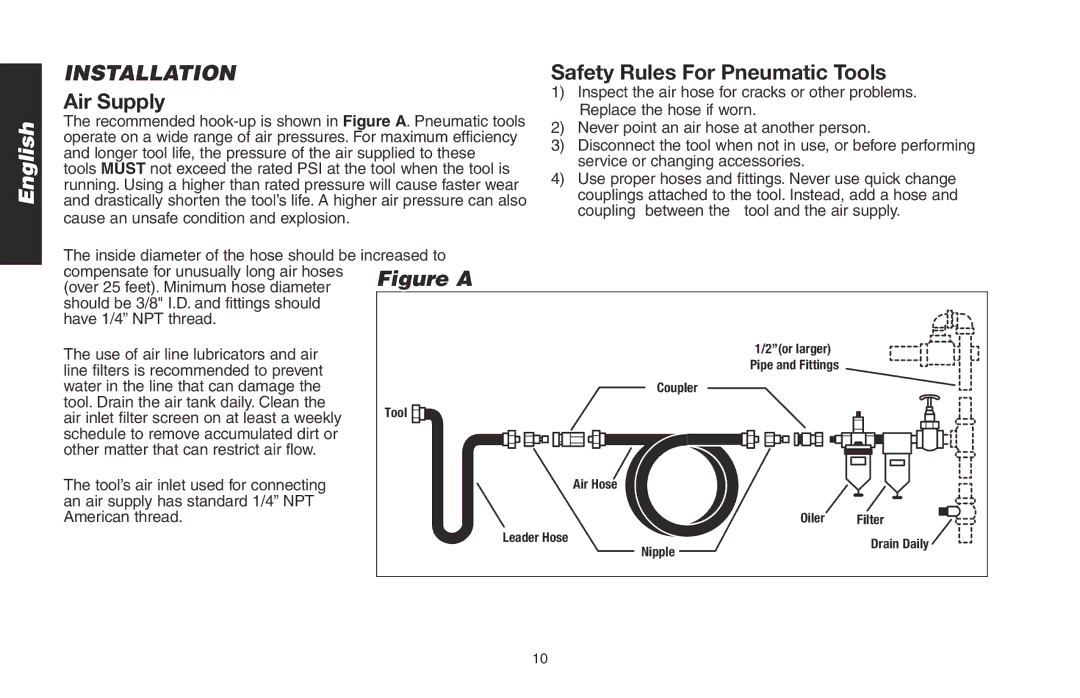 DeWalt DWMT70781L instruction manual Installation, Safety Rules For Pneumatic Tools, Air Supply 