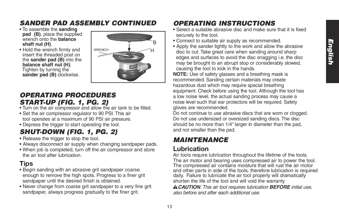 DeWalt DWMT70781L Sander PAD Assembly Operating Instructions, Operating Procedures, Shut-Down , Pg, Maintenance 