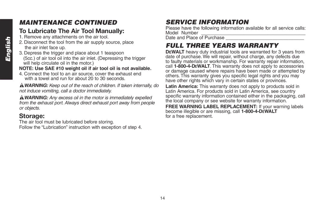 DeWalt DWMT70781L To Lubricate The Air Tool Manually, Storage, Service Information, Full Three Years Warranty 