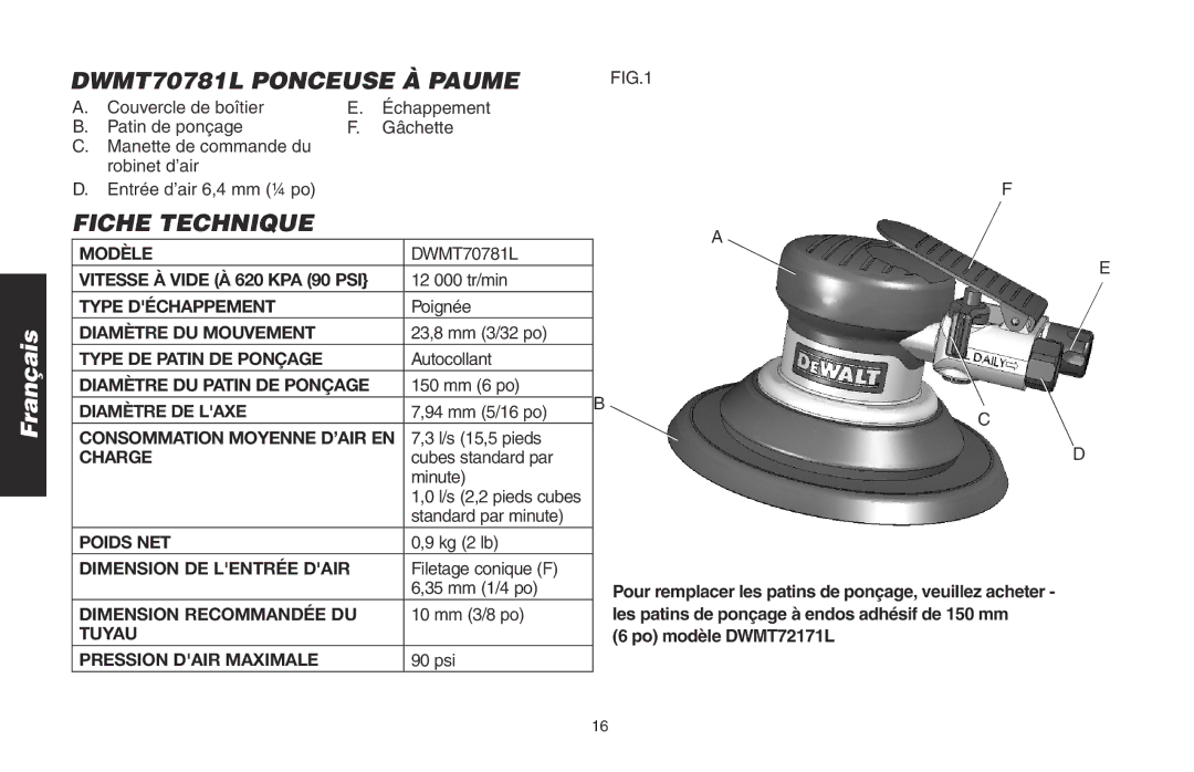 DeWalt instruction manual DWMT70781L Ponceuse À Paume, Fiche Technique, Po modèle DWMT72171L 