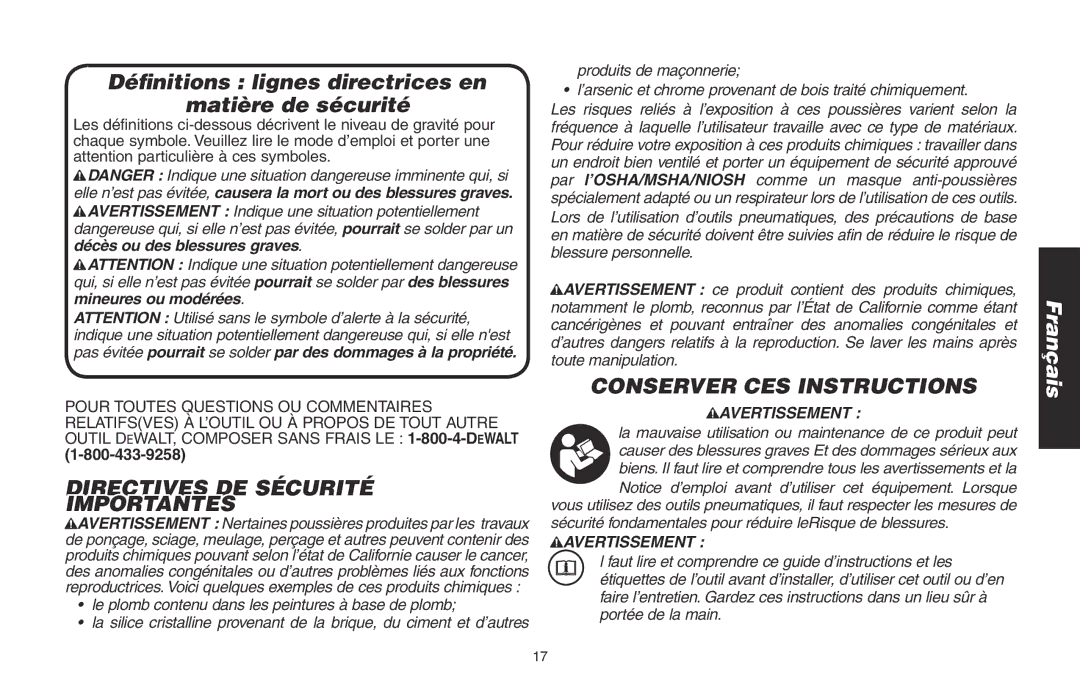 DeWalt DWMT70781L instruction manual Directives DE Sécurité Importantes, Conserver CES Instructions, Avertissement  