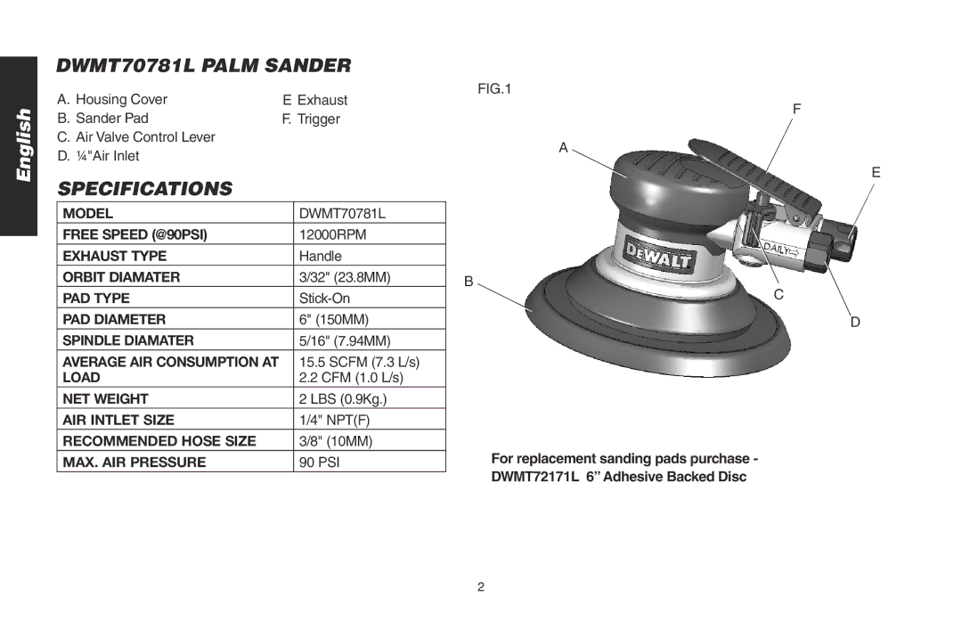 DeWalt instruction manual DWMT70781L Palm Sander, Specifications 