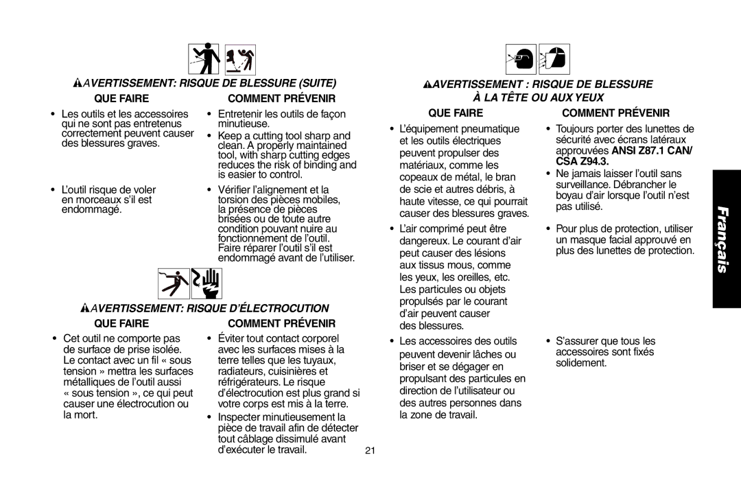 DeWalt DWMT70781L Avertissement Risque DE Blessure Suite, Avertissement Risque DE Blessure LA Tête OU AUX Yeux, QUE Faire 