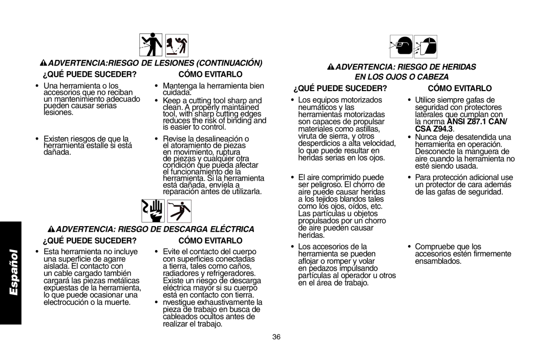 DeWalt DWMT70781L Advertenciariesgo DE Lesiones Continuación, Advertencia Riesgo DE Heridas EN LOS Ojos O Cabeza 