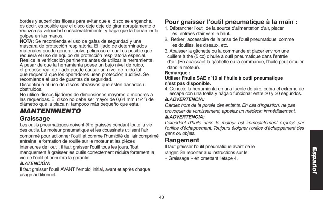 DeWalt DWMT70781L instruction manual Mantenimiento, Rangement, Atención, « Graissage » en omettant l’étape 