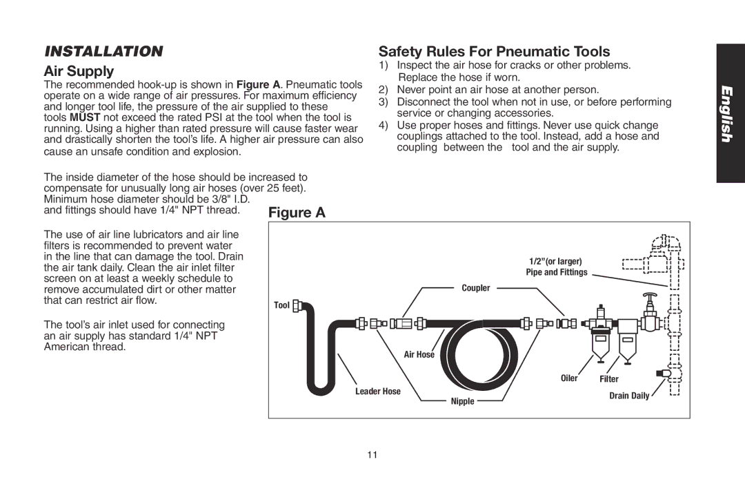 DeWalt DWMT70786L Installation, Air Supply, Safety Rules For Pneumatic Tools, Fittings should have 1/4 NPT thread 