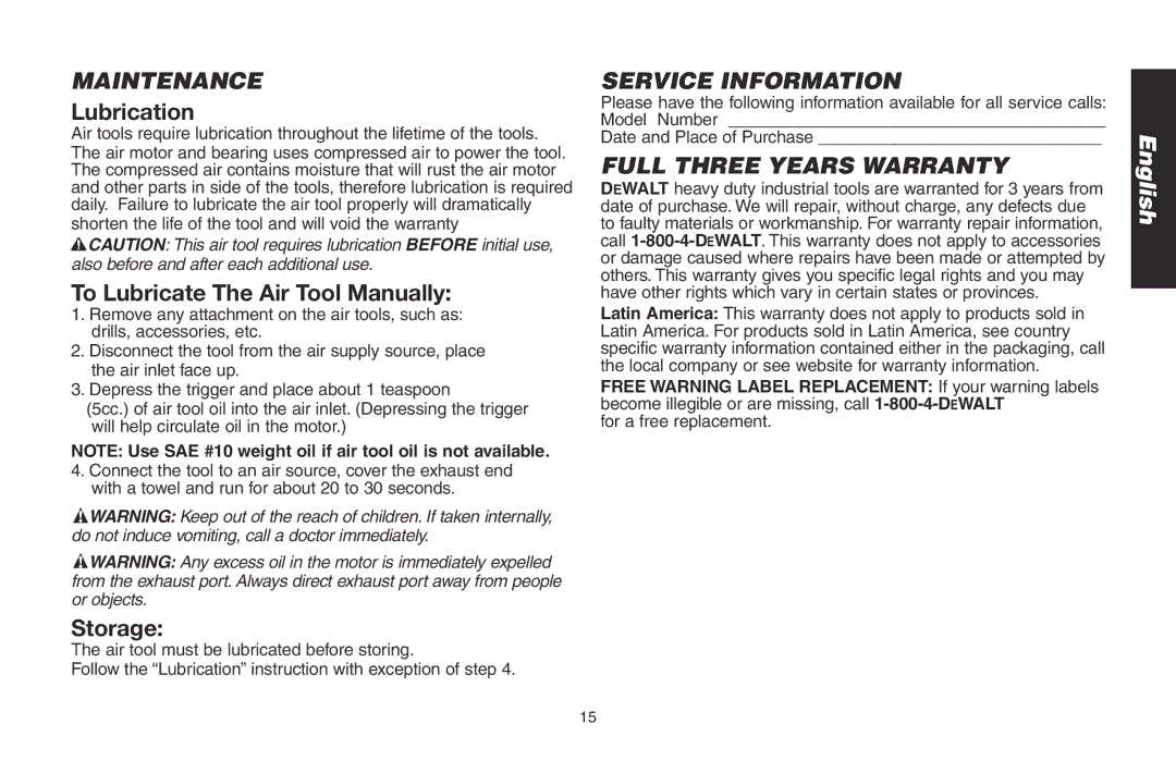 DeWalt DWMT70786L instruction manual Maintenance, Service Information, Full Three Years Warranty 