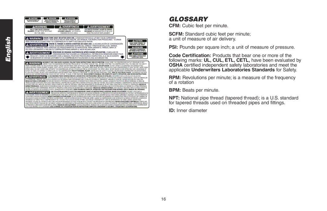 DeWalt DWMT70786L instruction manual Glossary, CFM Cubic feet per minute, ID Inner diameter 