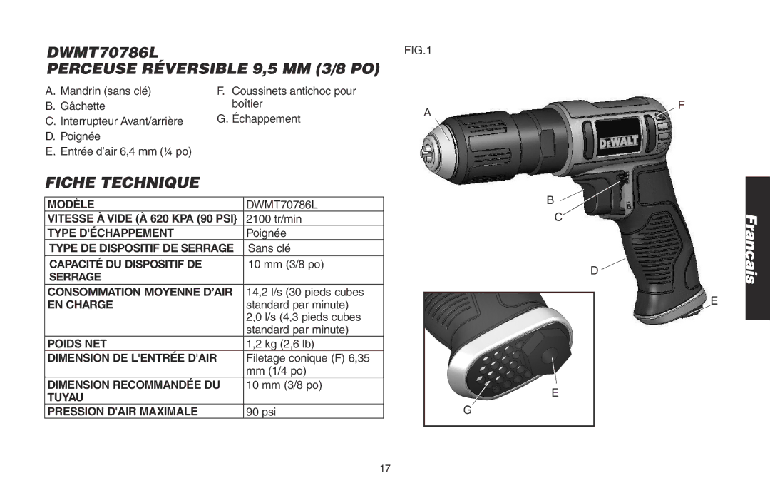 DeWalt DWMT70786L instruction manual Perceuse Réversible 9,5 MM 3/8 PO, Fiche Technique 