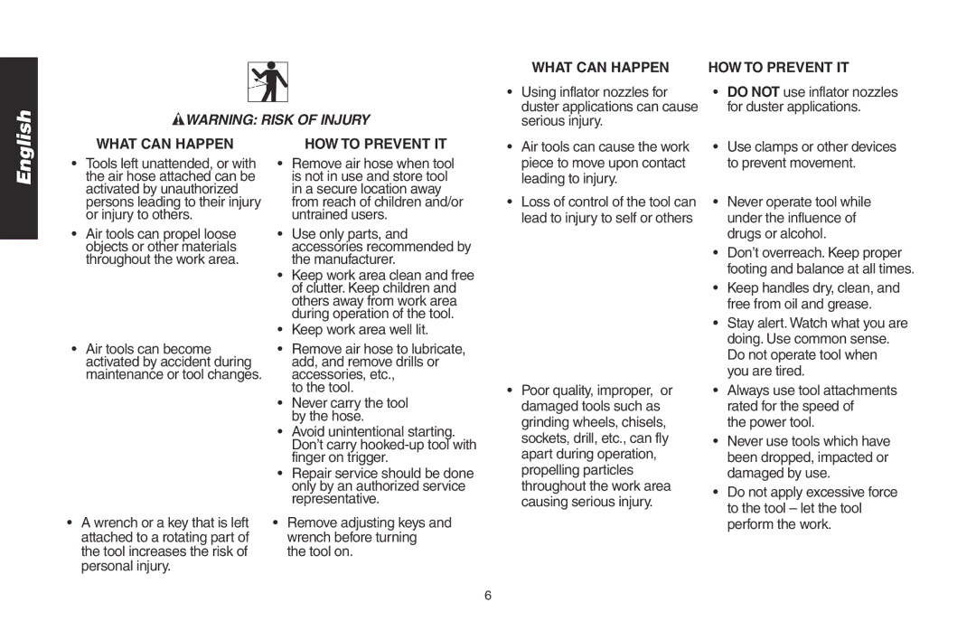 DeWalt DWMT70786L Using inflator nozzles for, For duster applications, Tool on, Leading to injury, To prevent movement 