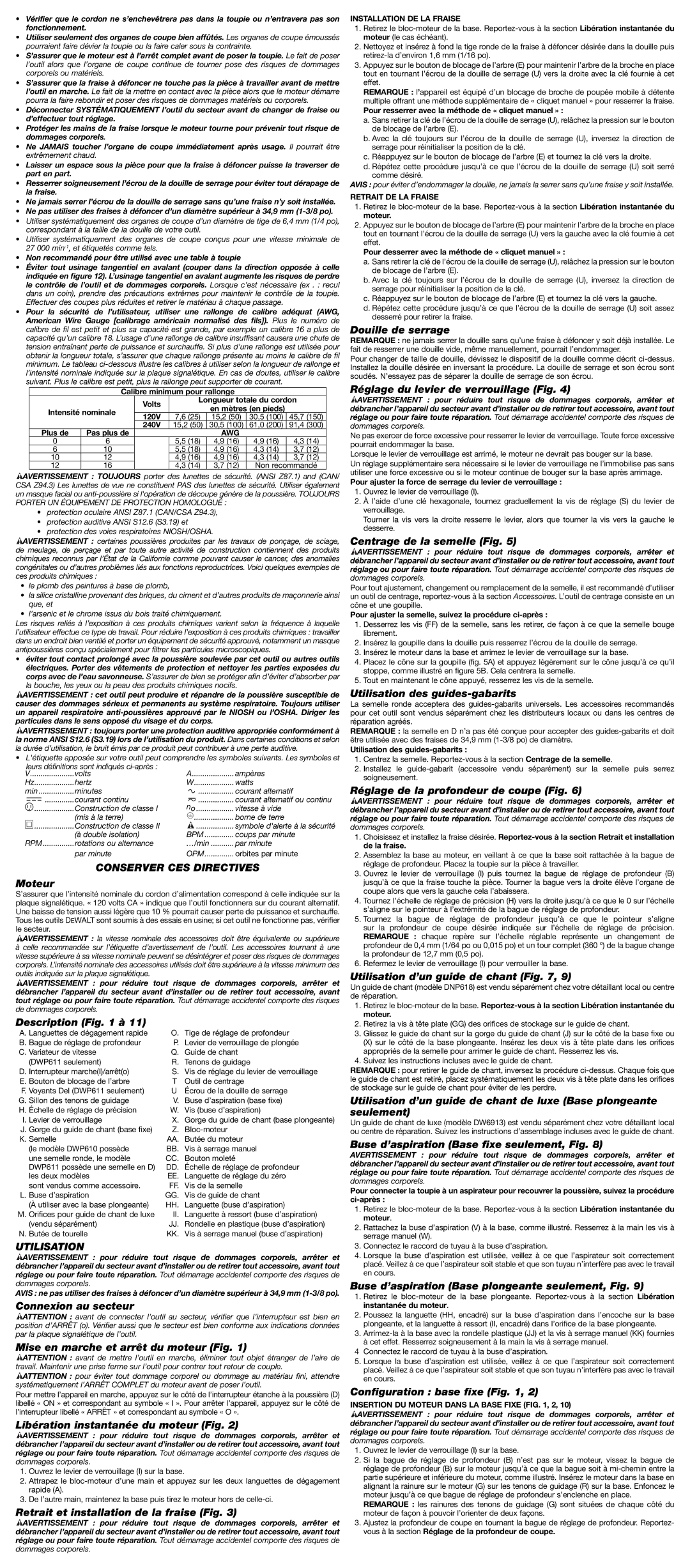 DeWalt DWP610, DWP611 instruction manual Conserver CES Directives, Utilisation 