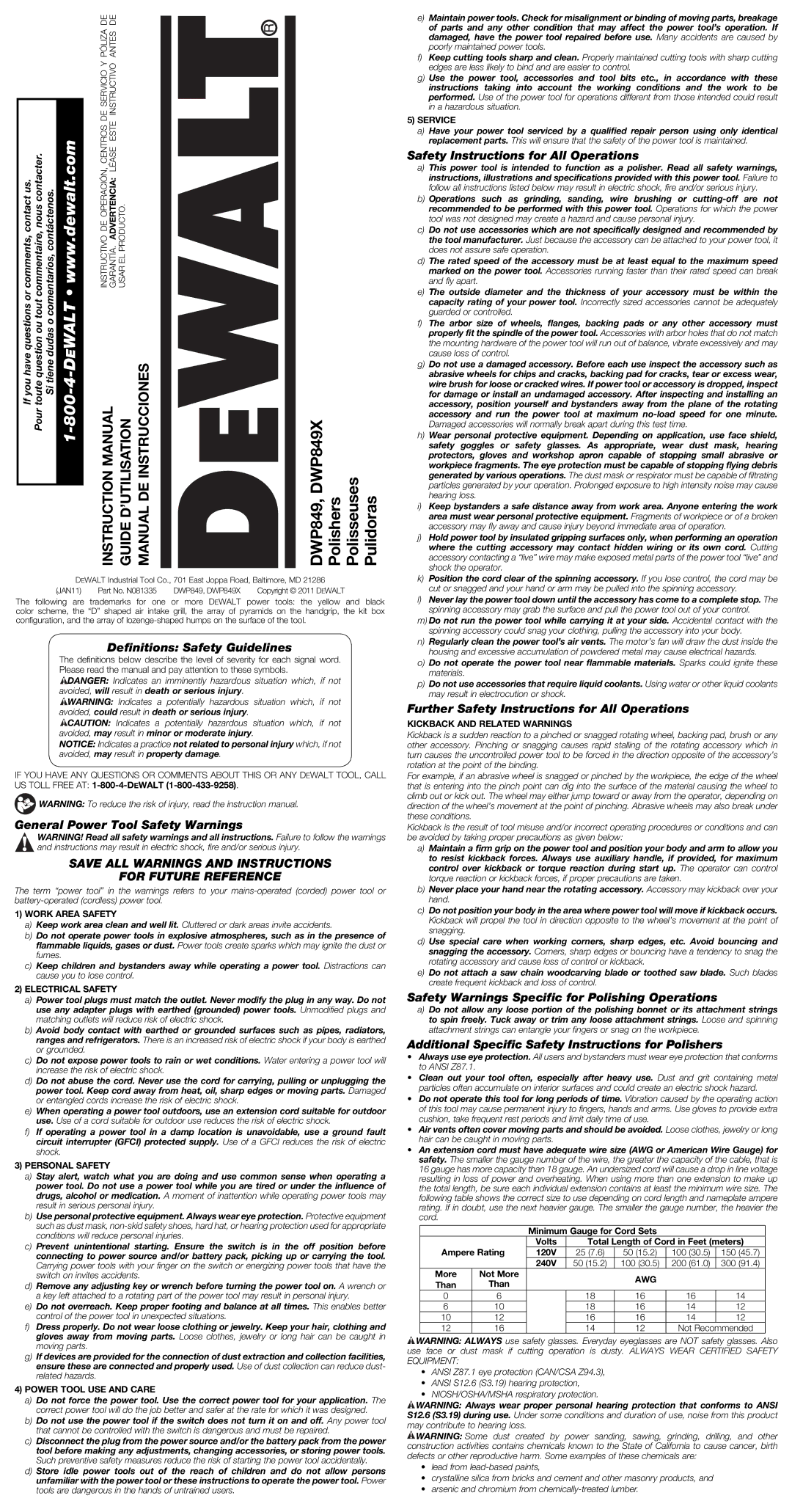 DeWalt DWP849X instruction manual Save ALL Warnings and Instructions For Future Reference 